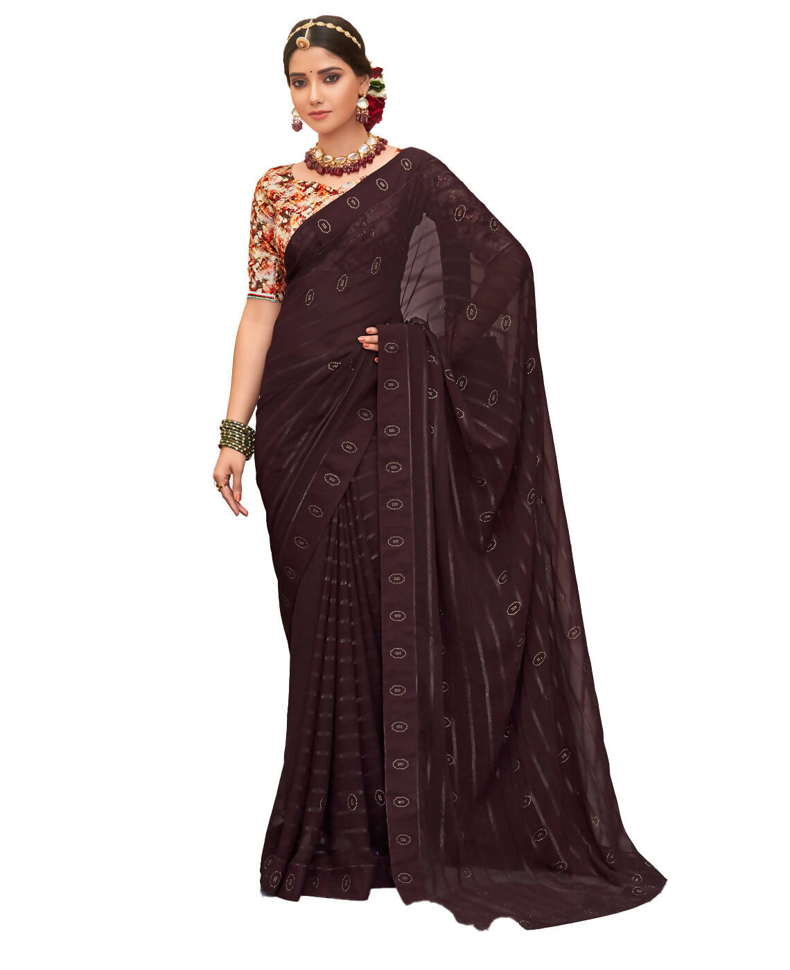 Brown Georgette Swaroski Work Saree With Unstitched Blouse Piece - Juhi