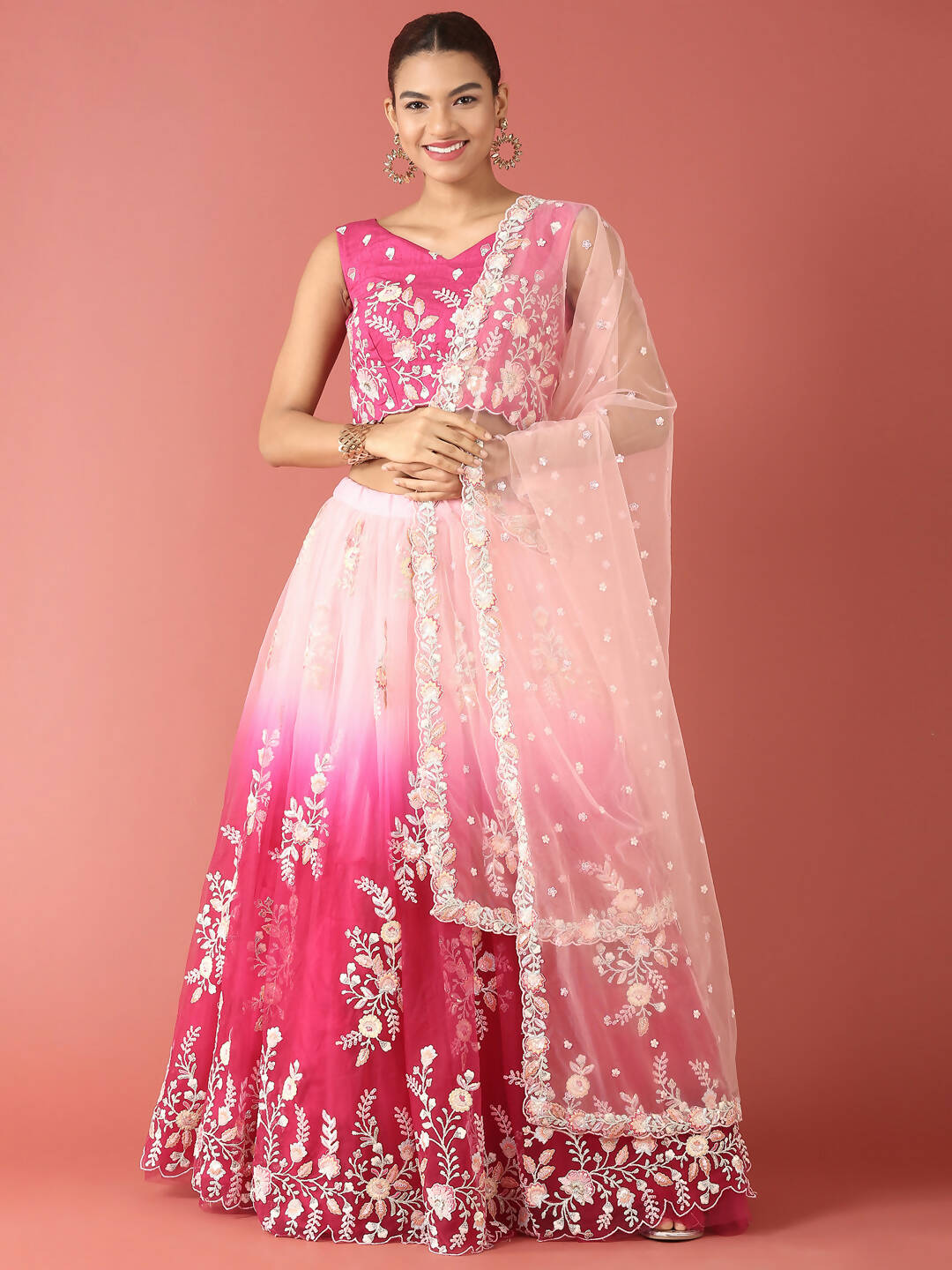 House of Panchhi Rose Tone Shadding Net Sequinse Work Lehenga & Blouse, Dupatta | Swadesiicart