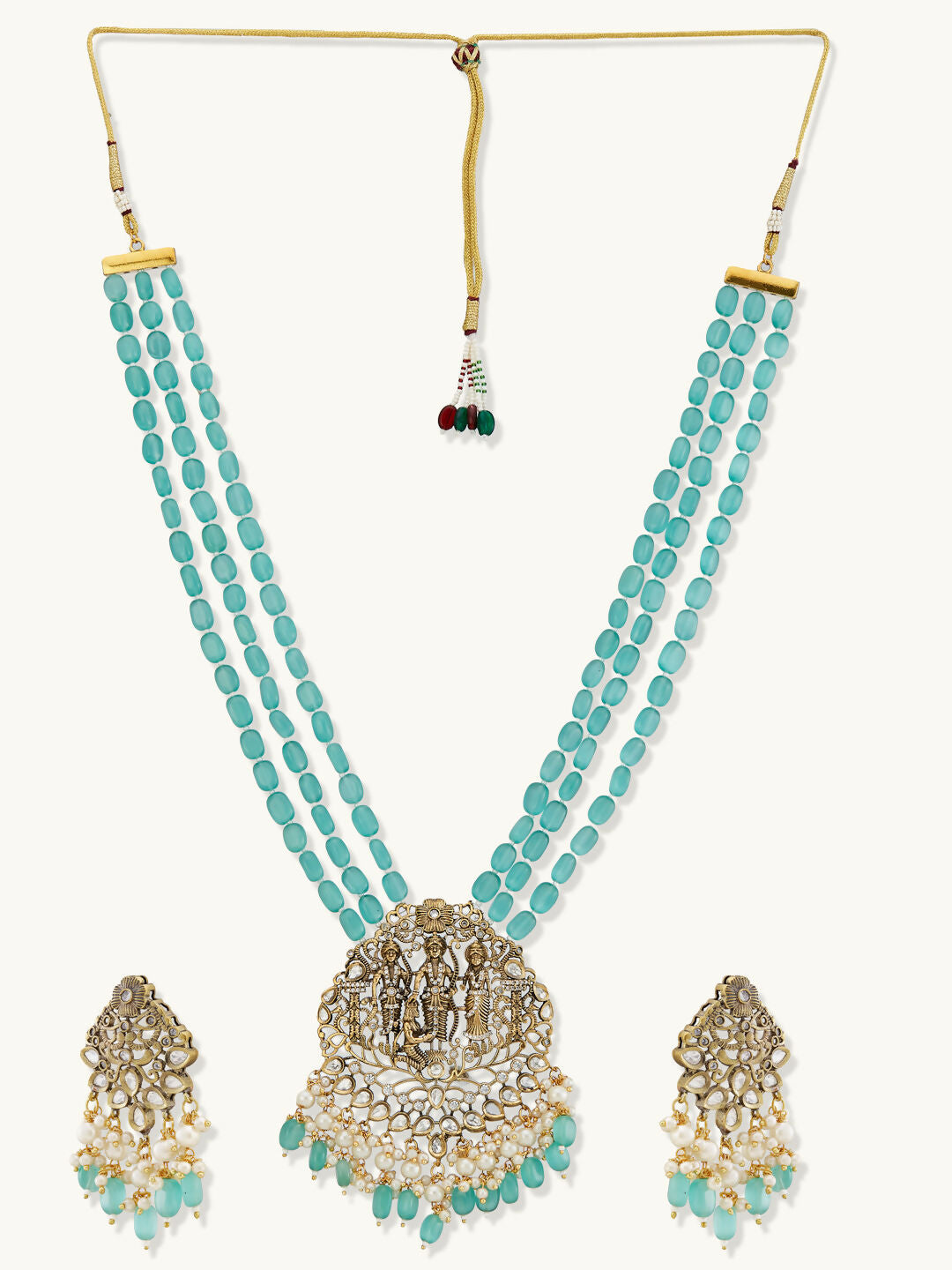 Nuyug 22K Gold-Plated Zircon Studded & Stone Beaded Strings Necklace Set | Swadesiicart