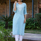 Juniper Women's Blue Sheer Sucker Embroidered Straight Kurta | Swadesiicart