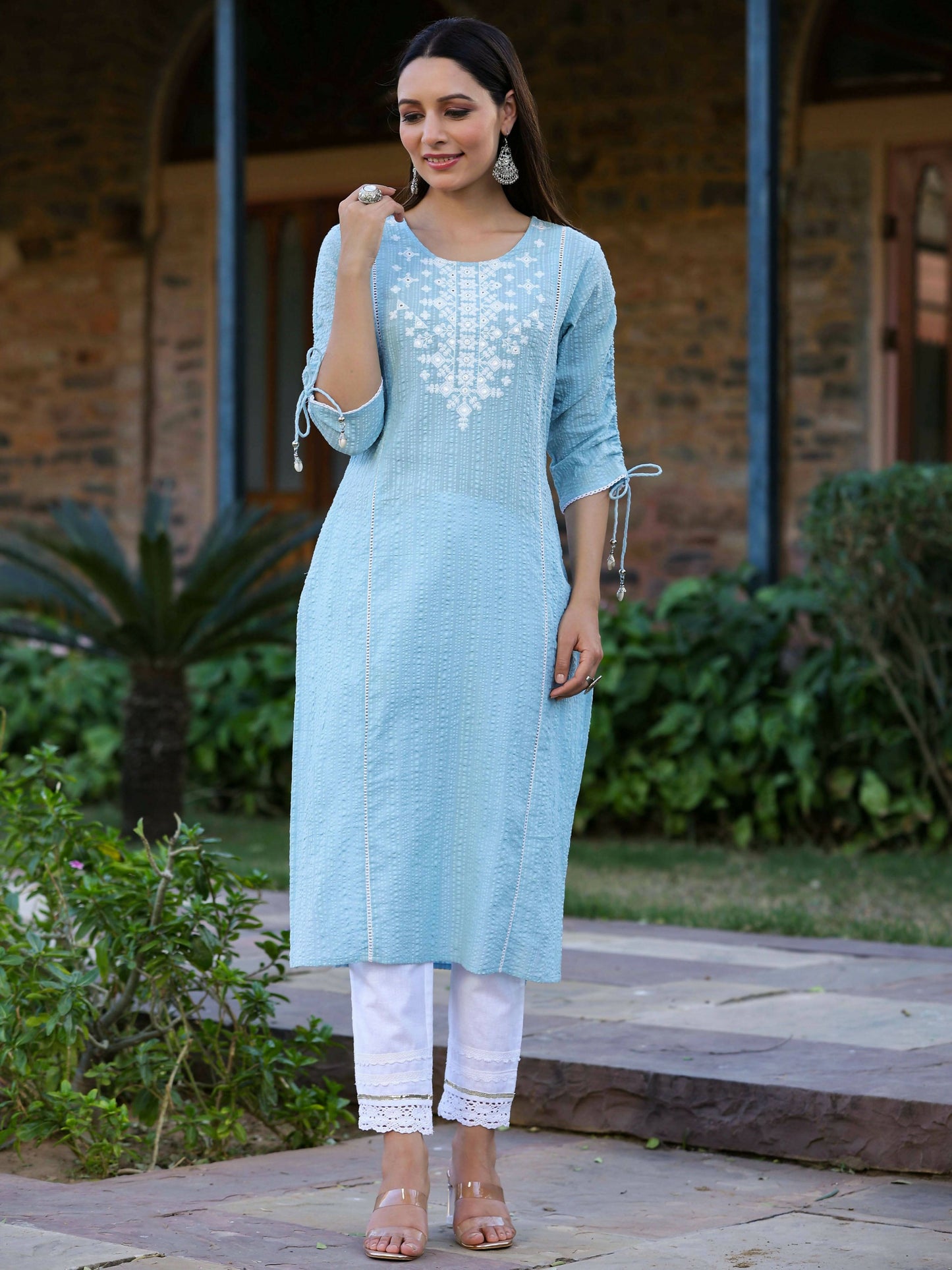 Juniper Women's Blue Sheer Sucker Embroidered Straight Kurta | Swadesiicart