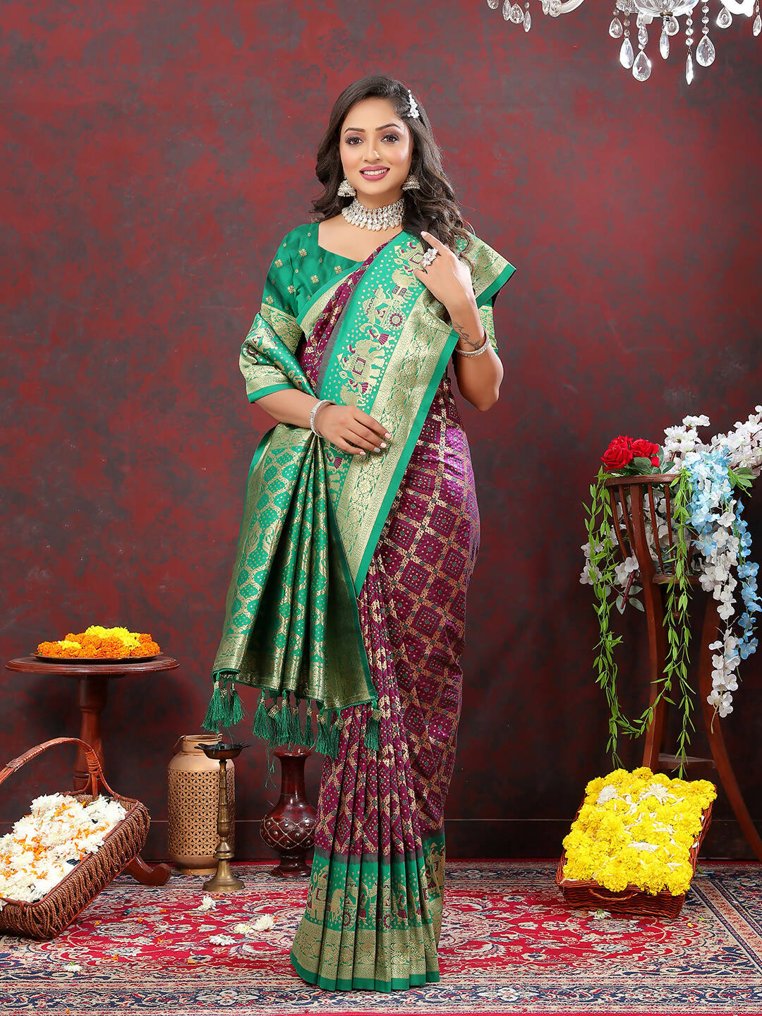 Lorenvalley Fashion Wine & Green Patola Silk Woven Design Meenakari Weaving Saree - Swadesiicart