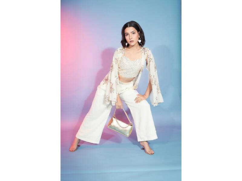 Off White Georgette Sequence With Thread Designer Co-Ord Set - Flory - Swadesiicart