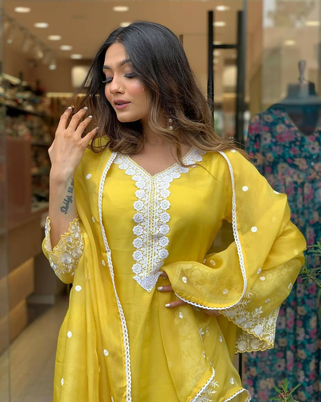The52 Yellow Women's Gorgeous Embroidered Georgette Fabric Straight Kurta Pant with Dupatta Set - Swadesiicart