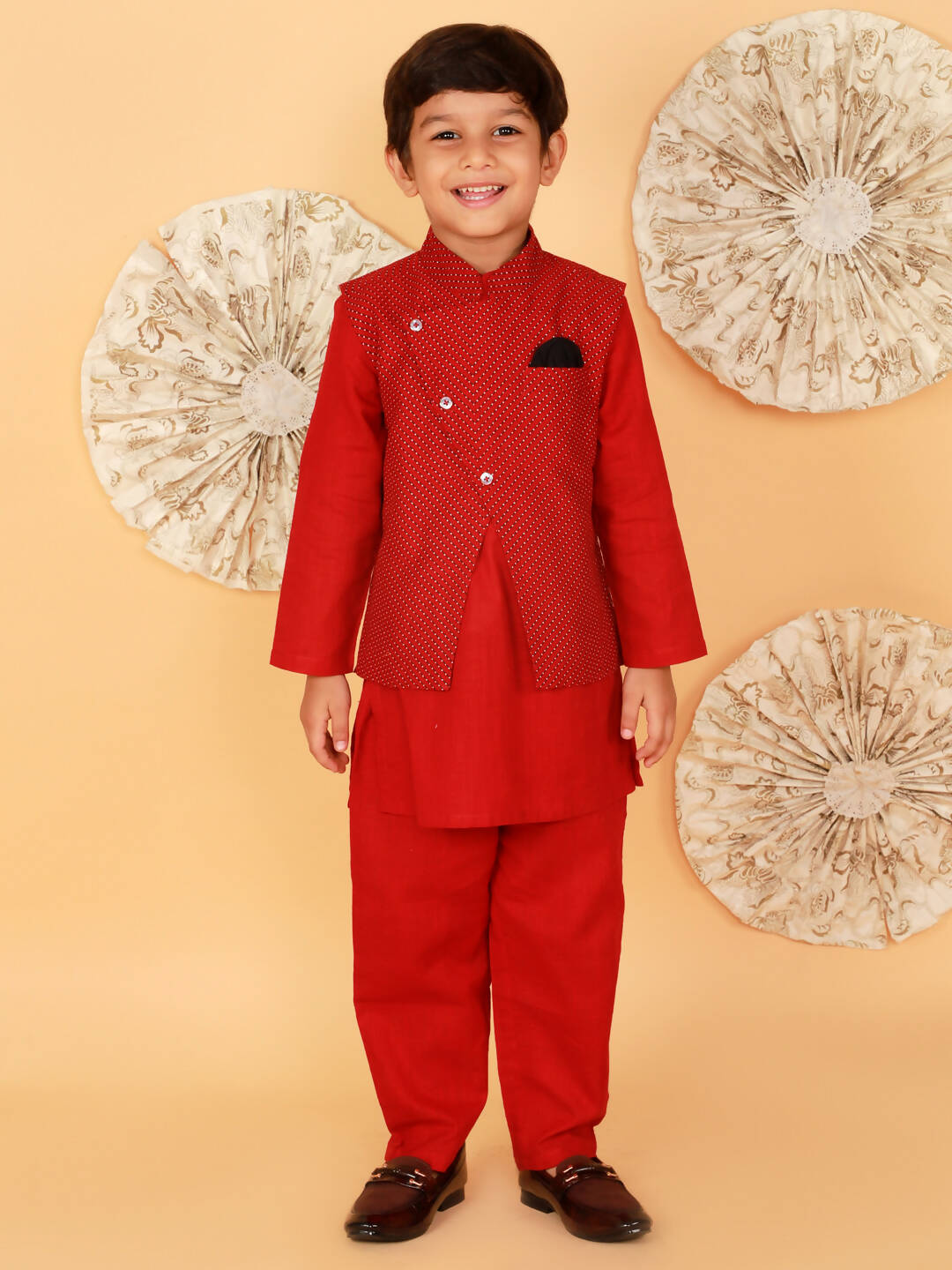 Lil Drama Boys Kurta Pyjama With Jacket Set - Red | Swadesiicart