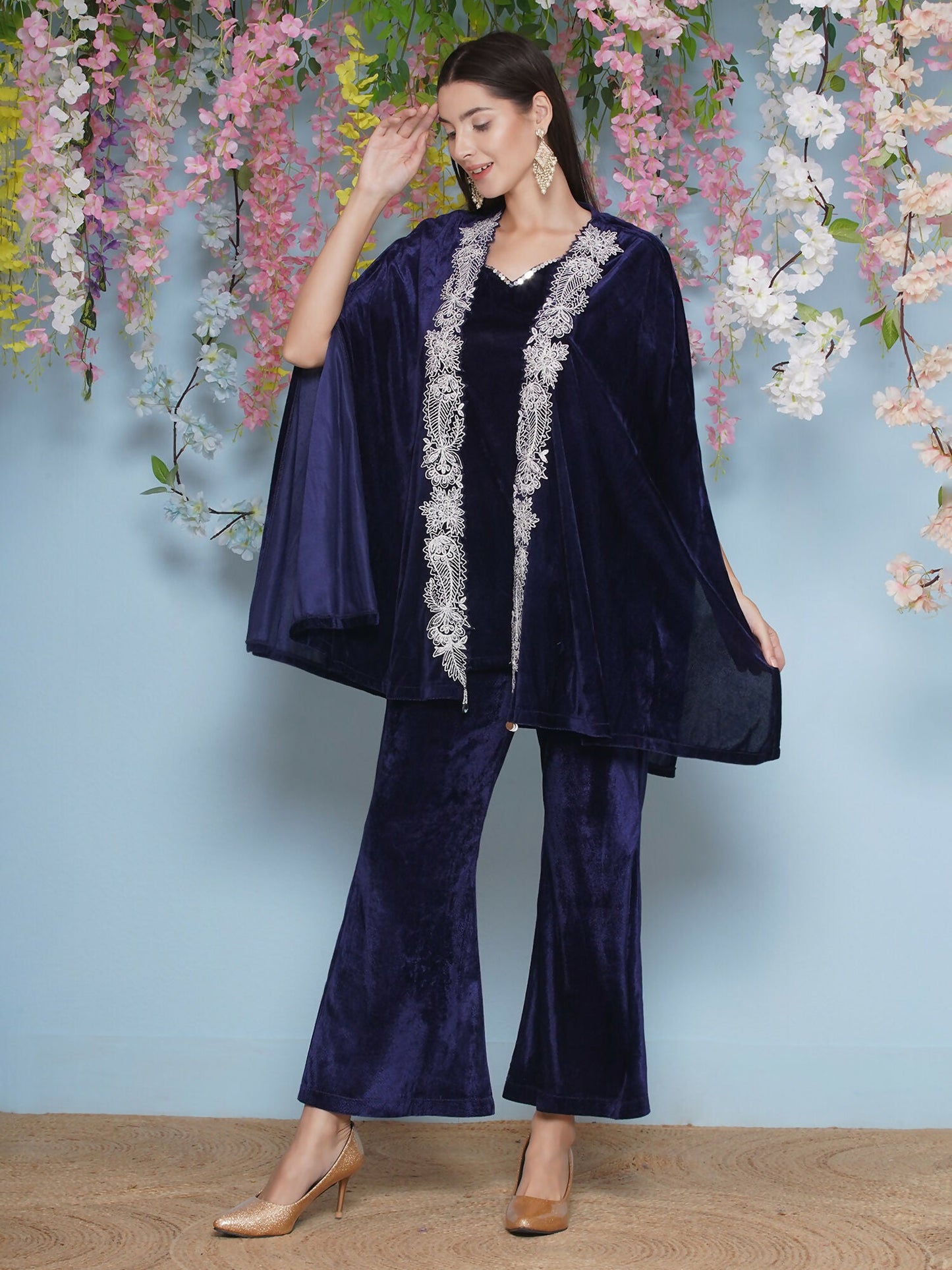 Joban Fashion Navy Blue Velvet Cape Set - Swadesiicart