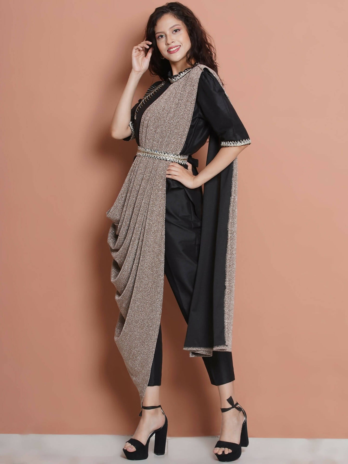 Women Republic Black Cotton Blended Set with Attached Drape | Swadesiicart