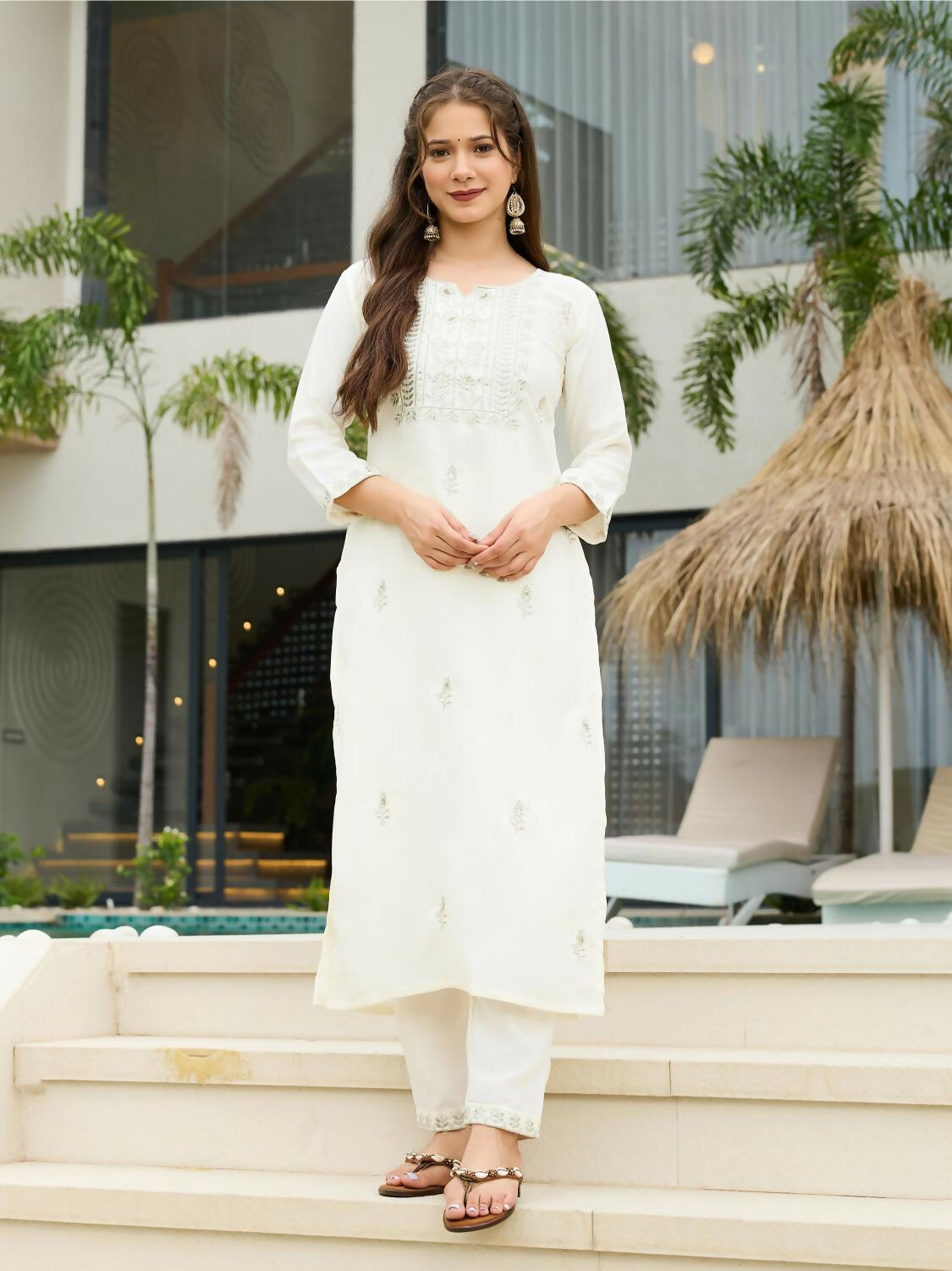 The52 White Women's Beautiful Rayon Slub Fabric Embroidered Work Straight Kurta, Pant and Dupatta Set - Swadesiicart