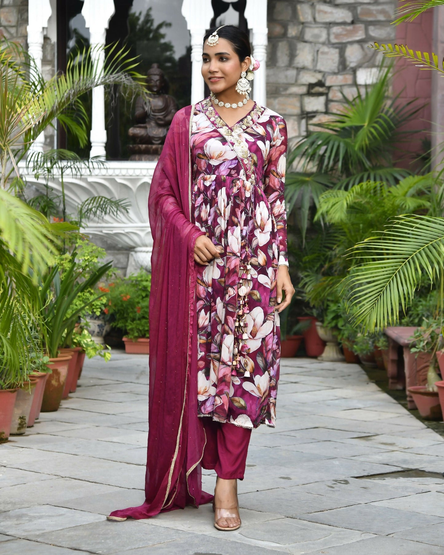 Vaasva Women's Chinon Emboidered Angrakha Anarkali Set With Solid Pant & Solid Embroidered Dupatta | Swadesiicart