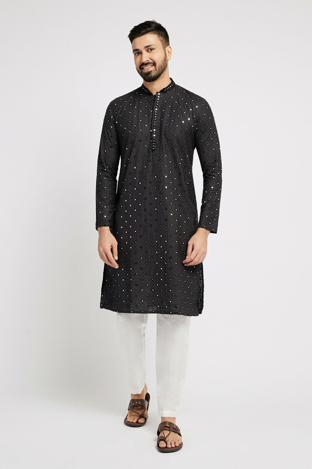 Ethnic India Black Men's Kurta Embellished Cotton | Swadesiicart