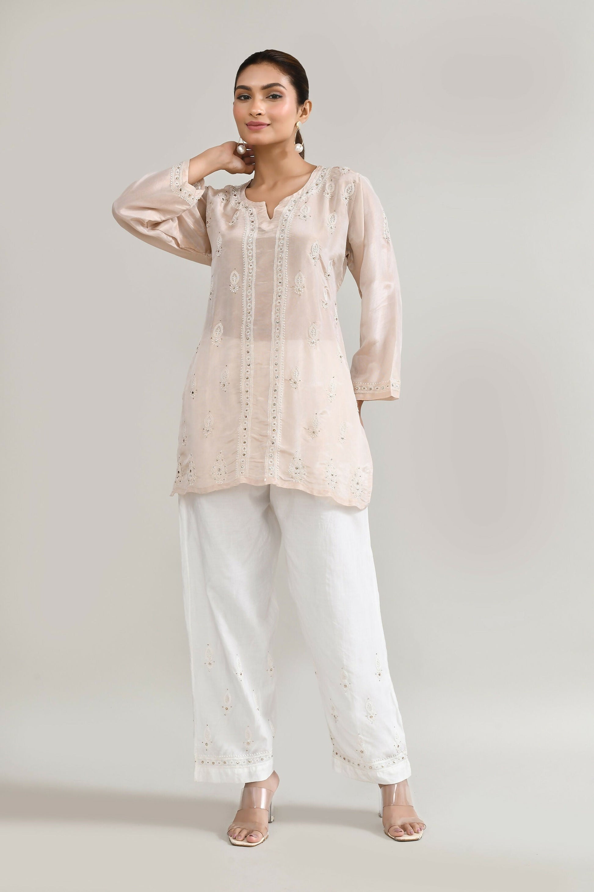 Joban Fashion Womens Cotton ChikanKari Baby Pink Cord set - Swadesiicart