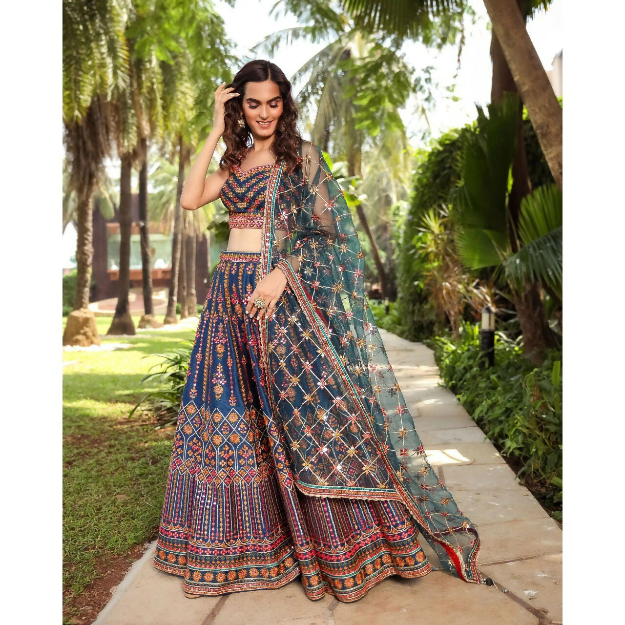 Jyoti Fashion Outstanding Blue Chinon 3MM, 9MM Sequins with Thread & Jari Embroidery Lehenga Choli with Dupatta | Swadesiicart