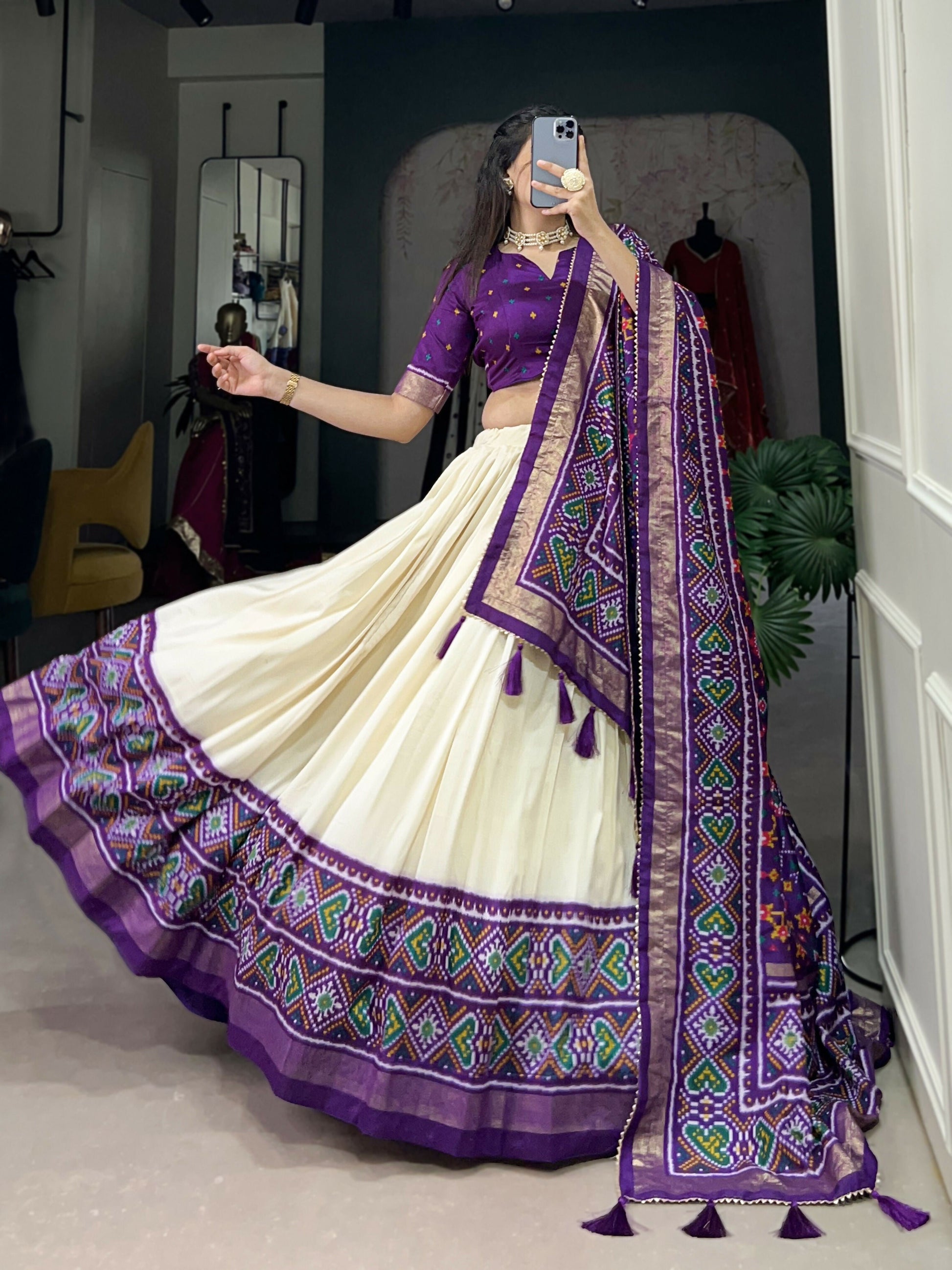 Lorenvalley Offwhite and Purple Tussar Silk Patola Print Lehenga Choli | Swadesiicart