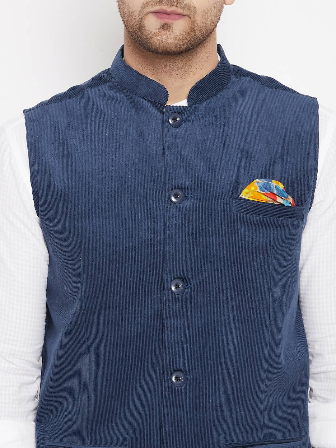 Even Apparels Blue Polyester Men's Nehru Jacket-Contrast Lining-Inbuilt Pocket Square | Swadesiicart