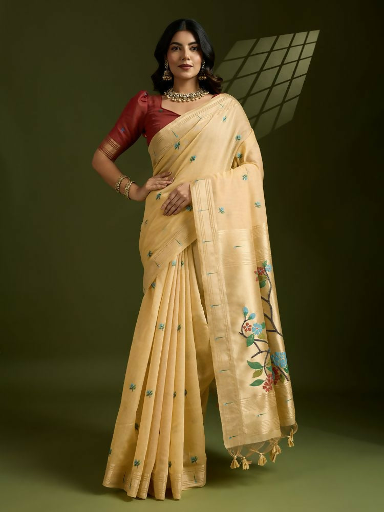 Vishnu Weaves Women's Yellow Muga Cotton Thread Woven Butti with Blouse - Swadesiicart