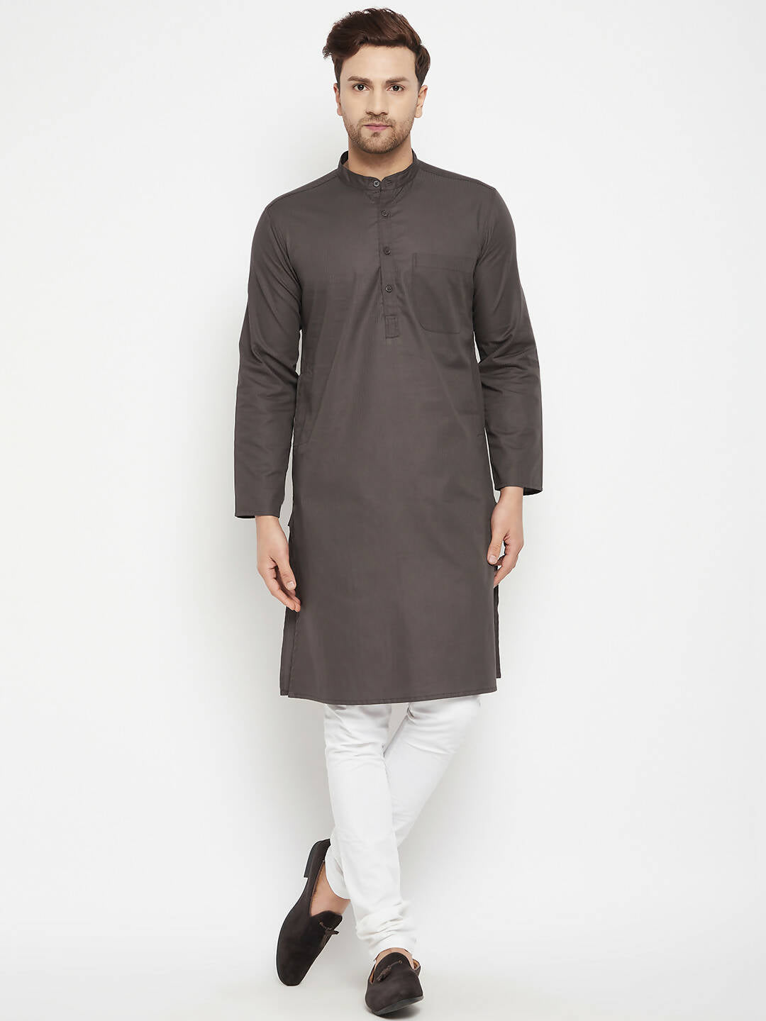 Even Apparels Brown Color Pure Cotton Long Men's Kurta With Band Collar | Swadesiicart