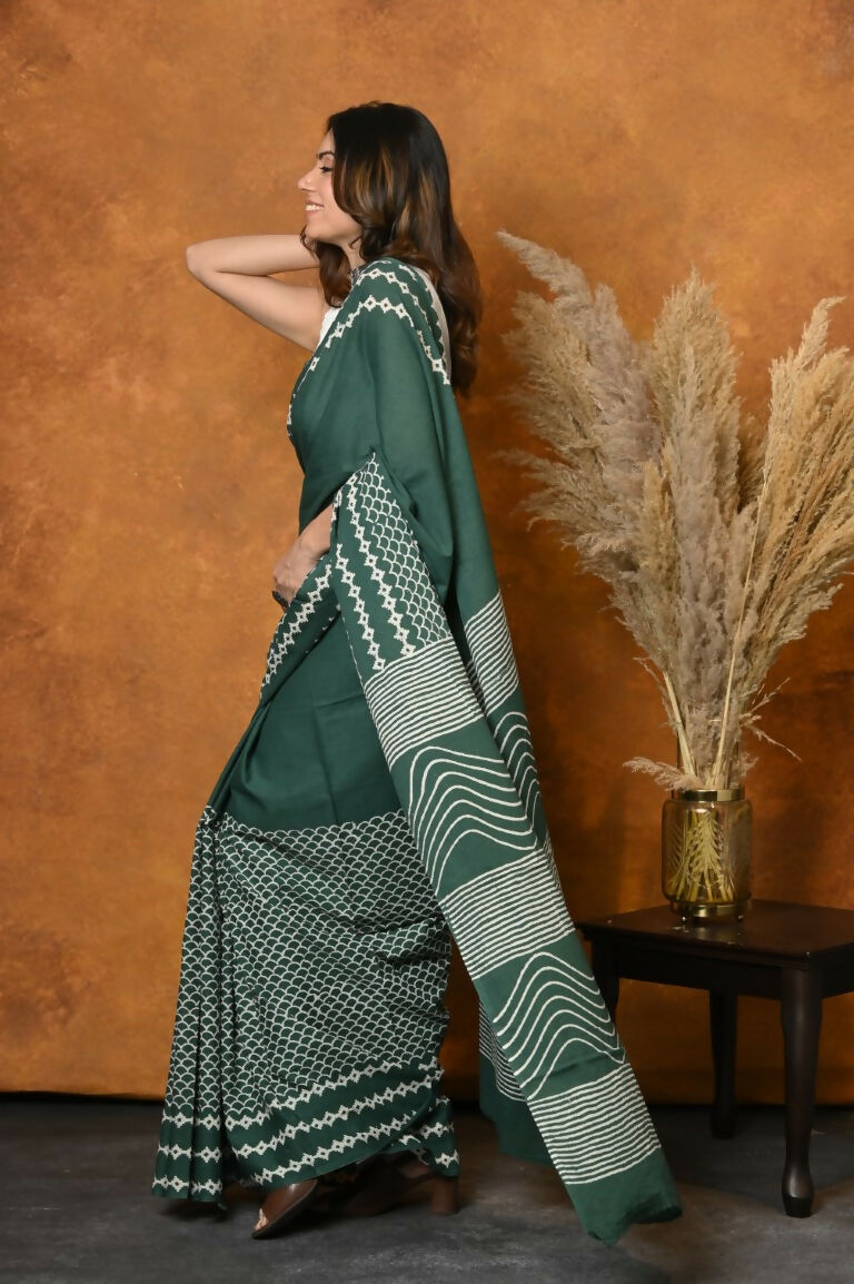 Very Much Indian Handblock Printed Cotton Saree With Natural Dyes - Leaf Green | Swadesiicart