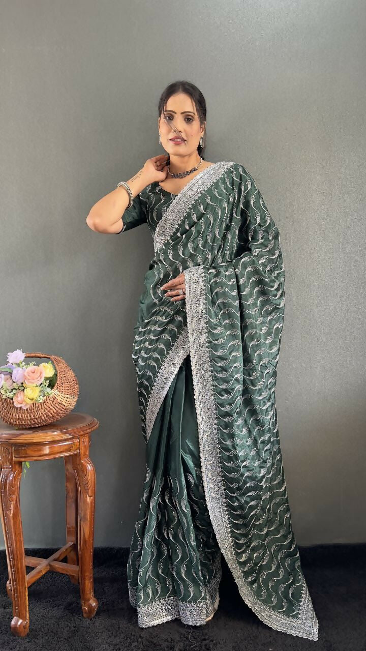 Vastranavya Sea Green Chinnon Silk Embroidery Multi Sequence & Arco Cut Work Ready to Wear Saree | Swadesiicart