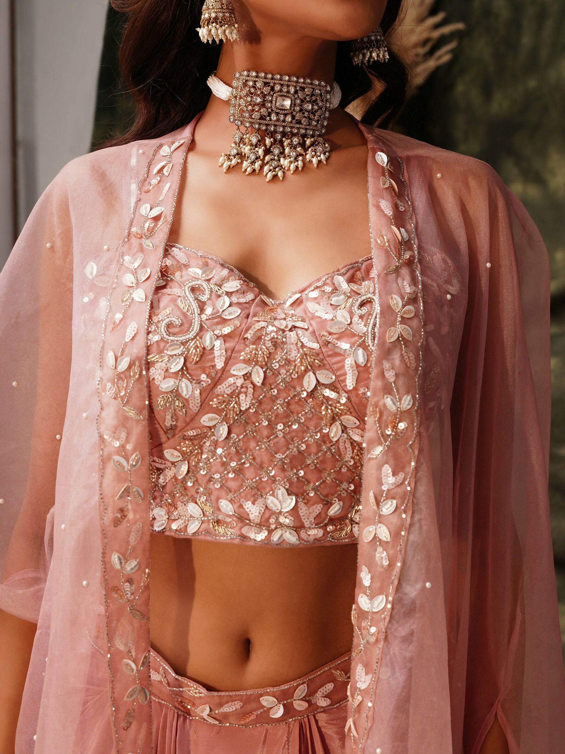 Peach Pure Crepe Handwork Top with Skirt & Shrug - Naomika - Swadesiicart