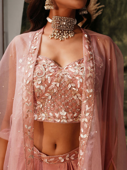 Peach Pure Crepe Handwork Top with Skirt & Shrug - Naomika - Swadesiicart