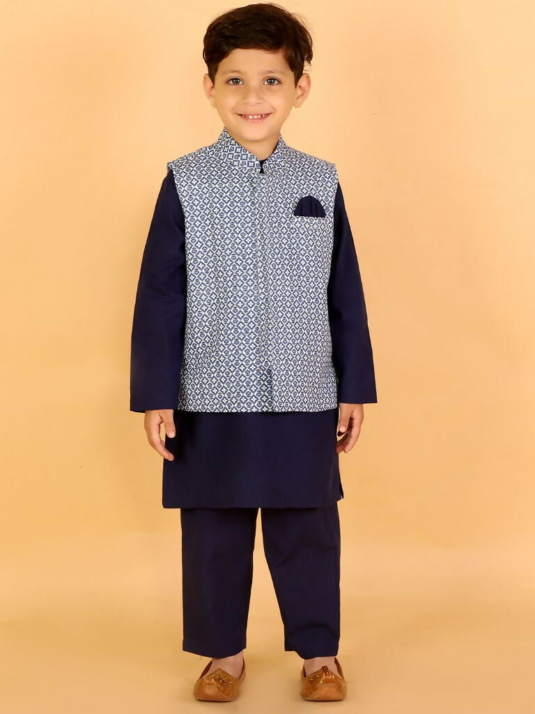 Lil Drama Boys Kurta pyjama with jacket set - Navy Blue | Swadesiicart