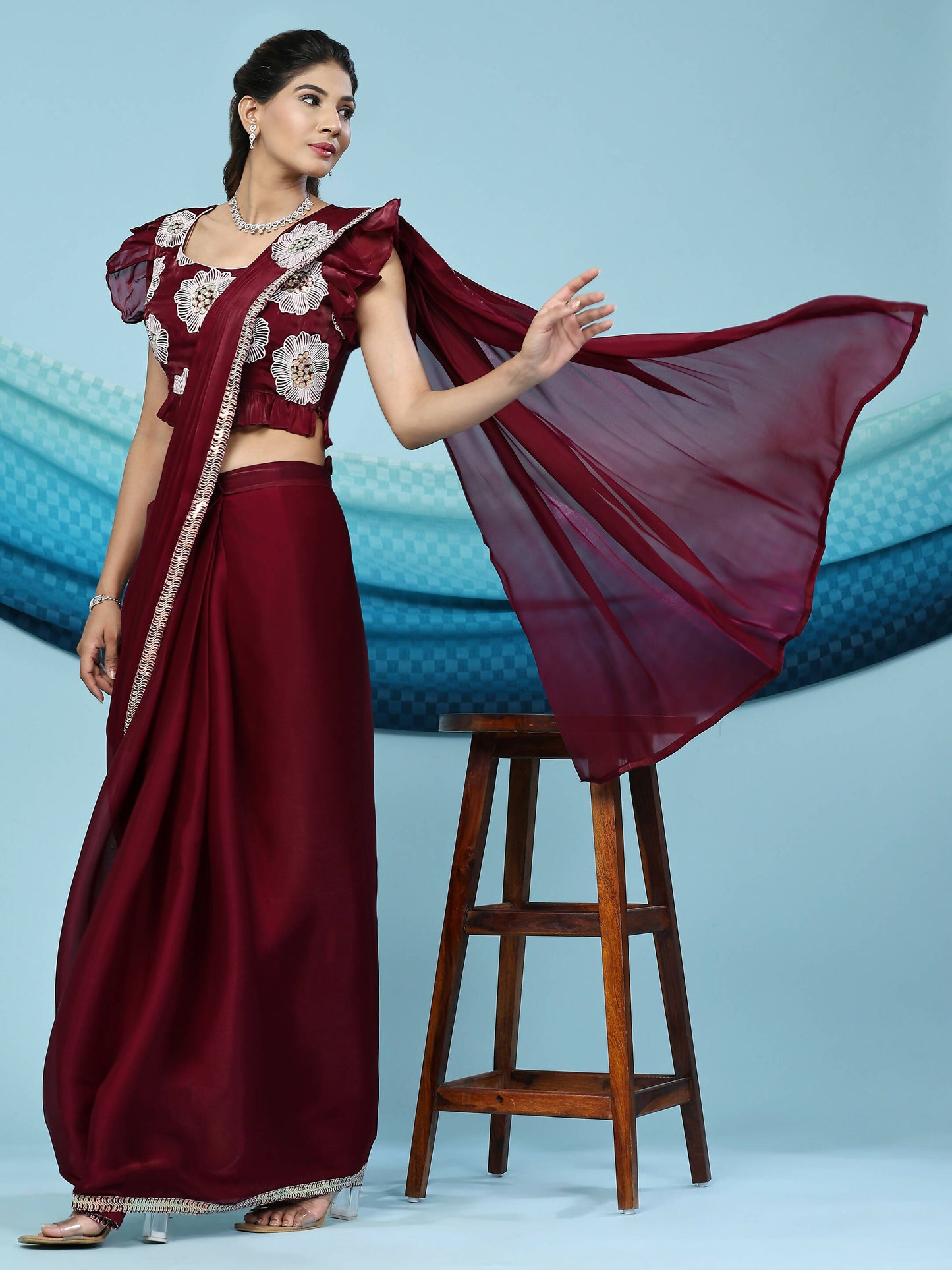 Maroon Silk Satin Sequence Work Ready to Wear Saree with stitched Blouse - Nirvana | Swadesiicart