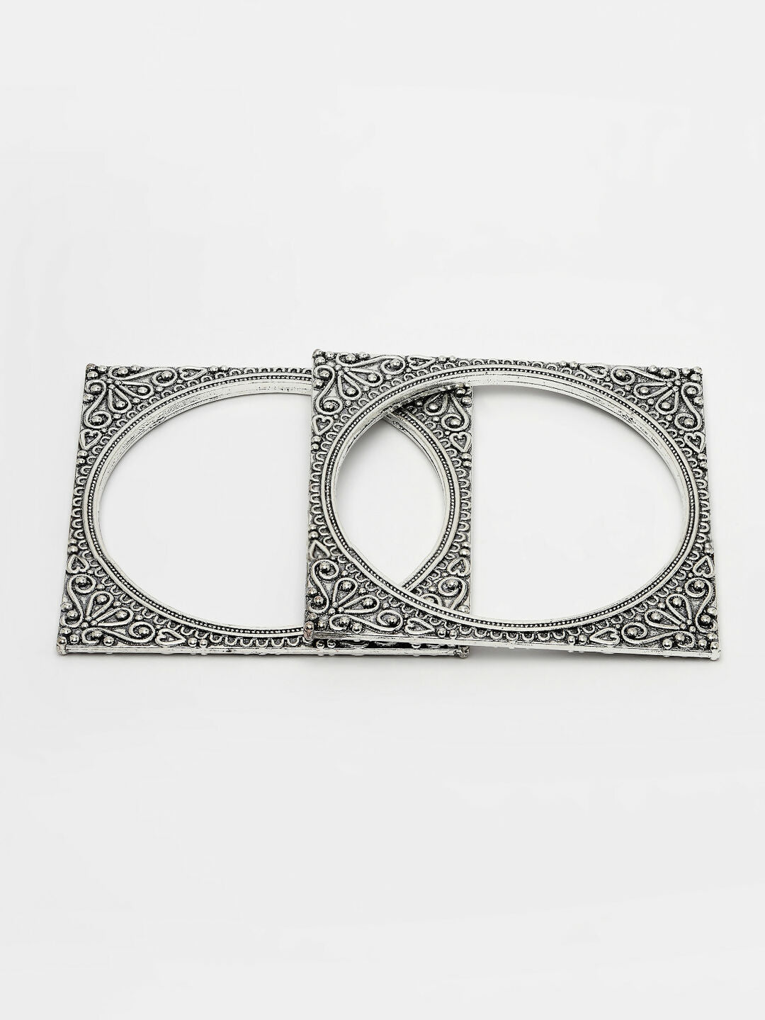 NVR Women's Set of 2 Silver-Toned Oxidized Square Shaped Bangles - Swadesiicart