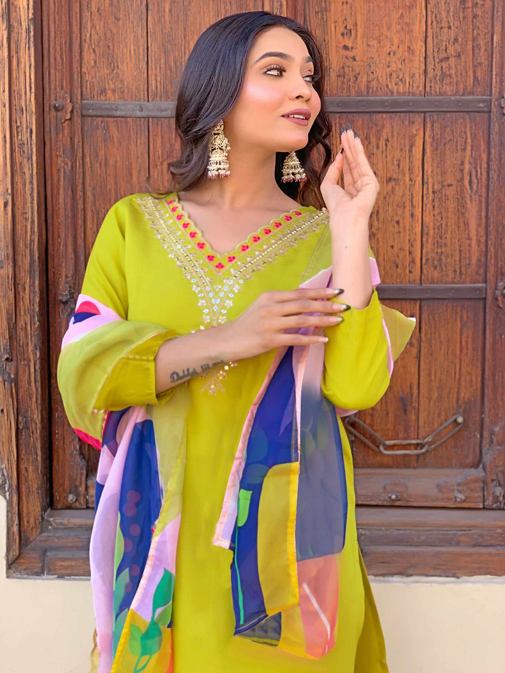 Partywear Designer Viscose Lemon Stitched Suit With Dupatta - Tanisha | Swadesiicart