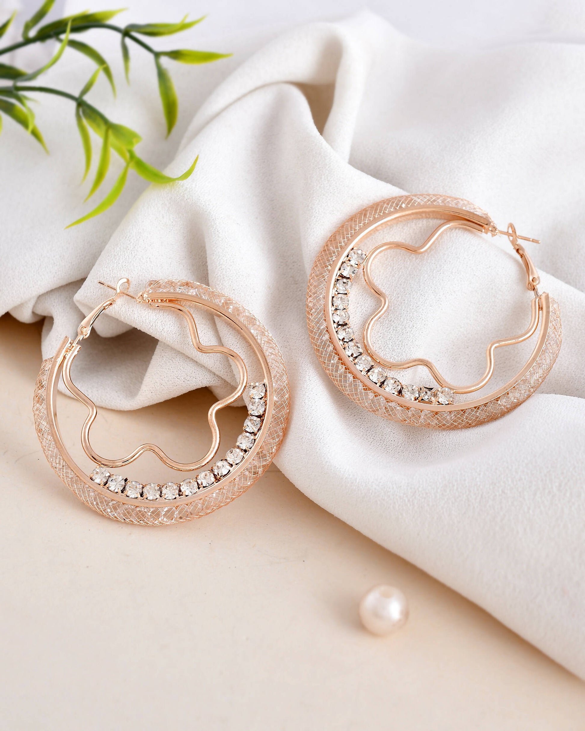 VOJ Women Gold-Polished Studded Beads Stainless Steel Double Circular Hoop Earrings - Swadesiicart