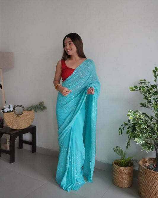 Vamsee Trendy Sequence Sky Blue Georgette Saree - Swadesiicart