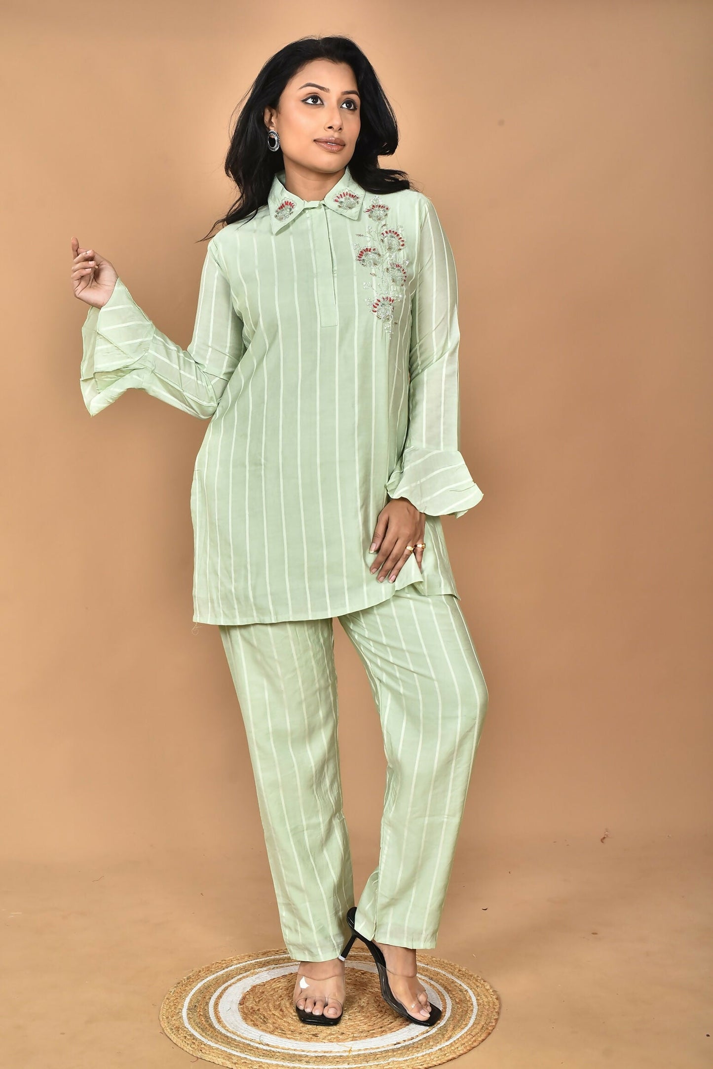 Morchari Women And Hand Embroidery Co-Ords-Green - Swadesiicart