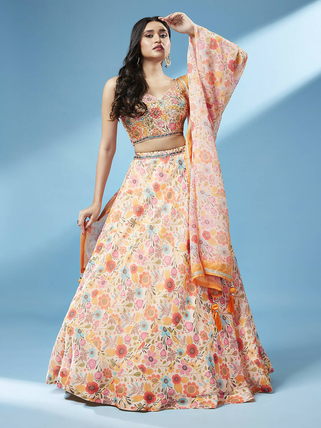 House of Panchhi Orange Organza Floral Printed Lehenga choli & Dupatta | Swadesiicart