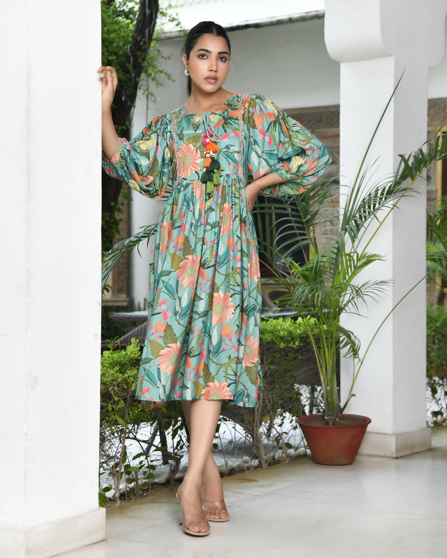 Vaasva Women's Teal Musline Viscose Digital Printed Dress | Swadesiicart