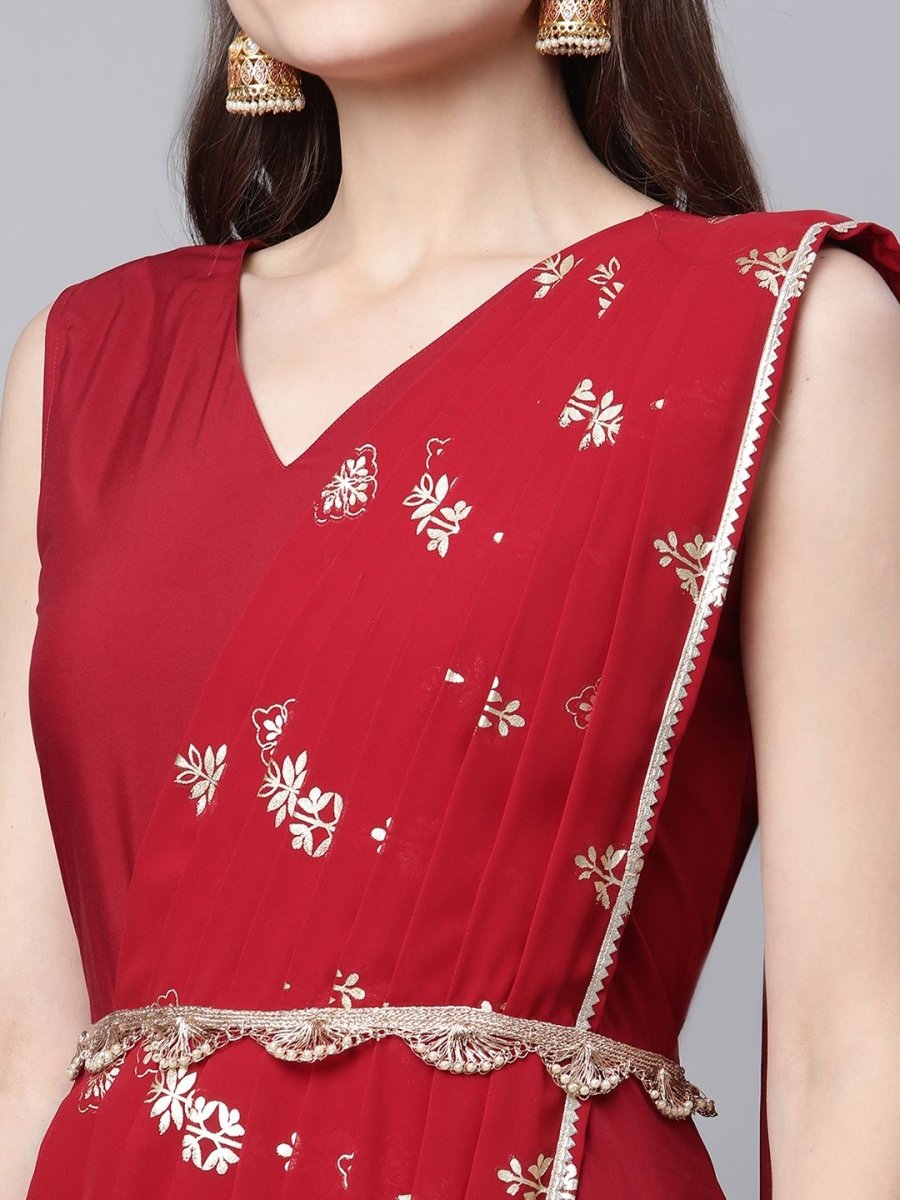 Ahalyaa Women Maroon Crepe Georgette Printed Saree Dress With Printed Pallu | Swadesiicart