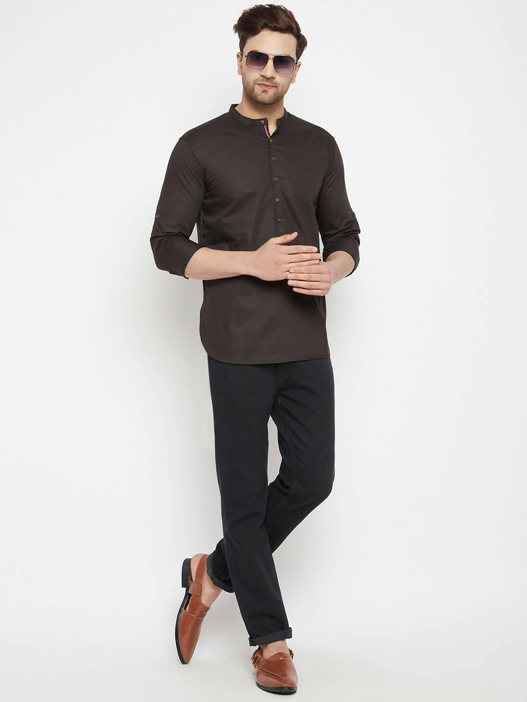 Even Apparels Brown Pure Cotton short Men's Kurta With Band Collar | Swadesiicart