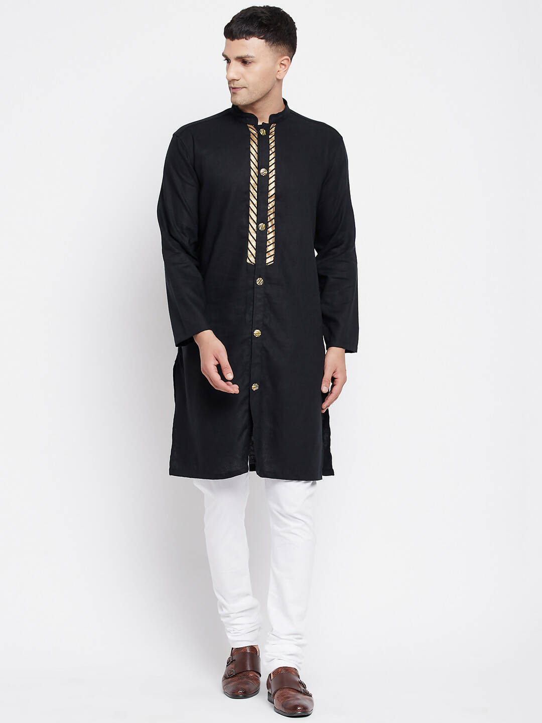 Even Apparels Black Linen Men's Sherwani Kurta With Decorative Placket | Swadesiicart