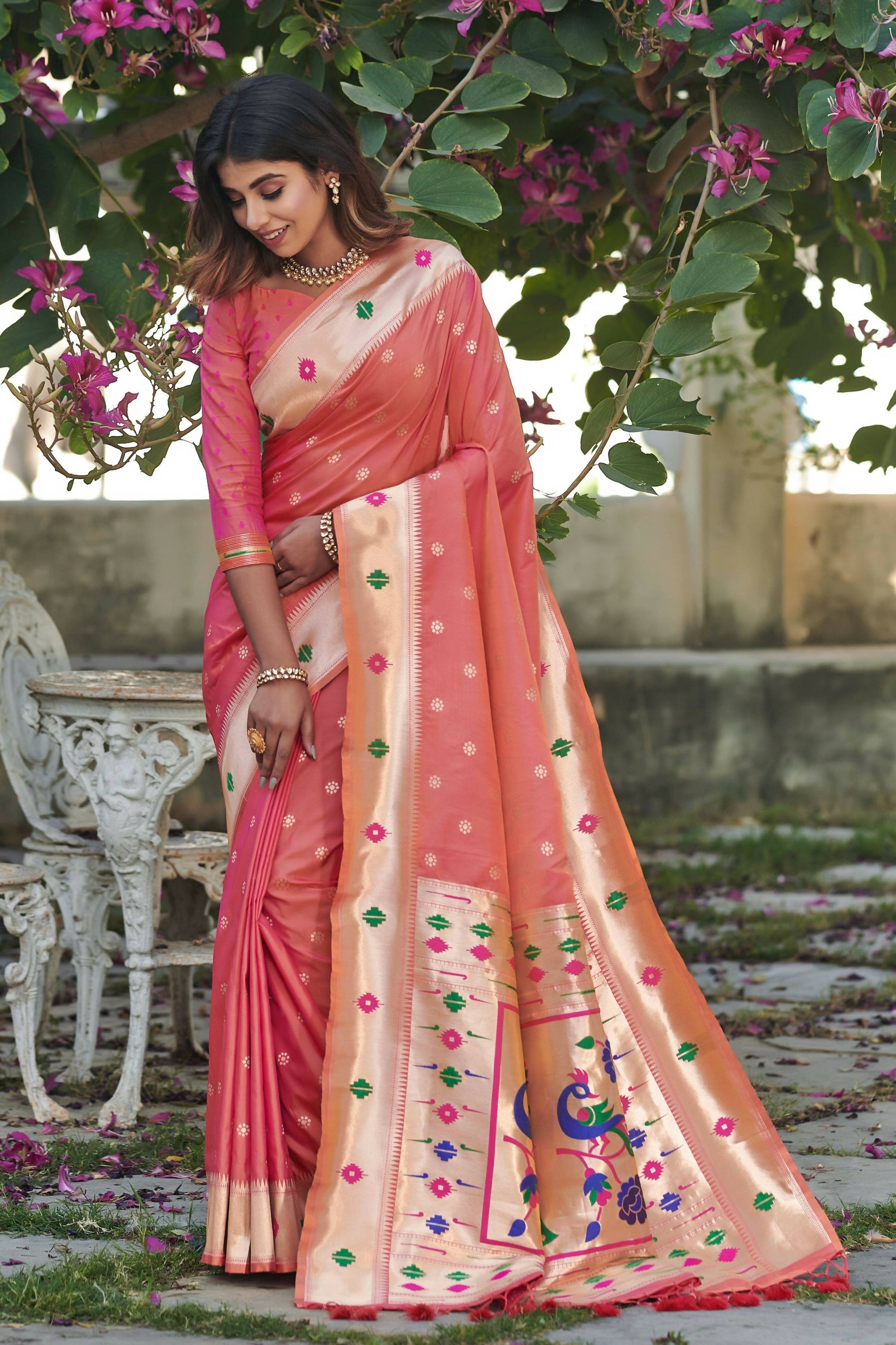 Vishnu Weaves Women's Gajri Banarasi Silk Zari Woven Paithani Saree with Unstitched Blouse - Swadesiicart