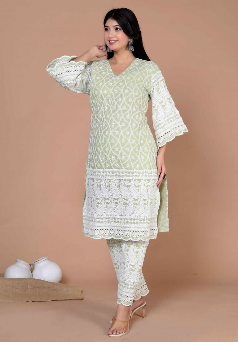 Miravan Women's Green Embroidery Chikankari Kurta And Palazzo | Swadesiicart