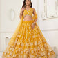 Aastha Fashion Mustard Yellow Butterfly Net White Cotton Thread Work And Sequence Work Embroidery Wedding Wear Lehenga Choli