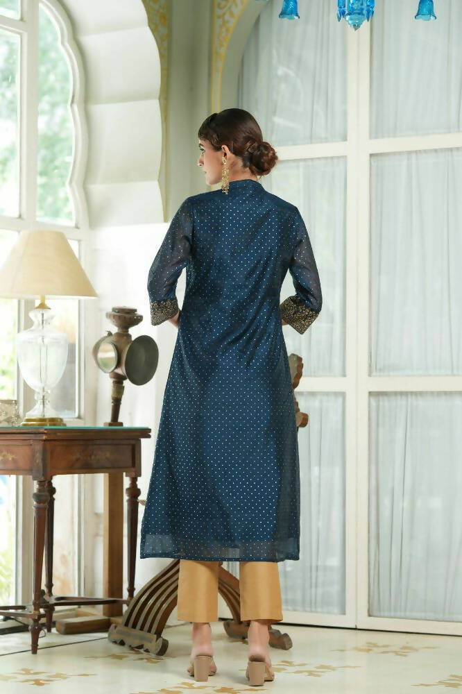 Juniper Blue Chanderi Festive Embroidered Polka Dot Printed A-Line Kurta For Women | Swadesiicart