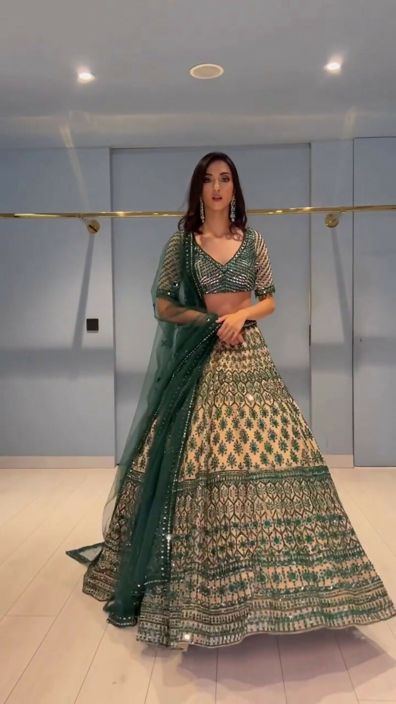 Jyoti Fashion Teal Green & Cream 3mm with Thread Embroidery Georgette Lehenga Choli with Dupatta | Swadesiicart