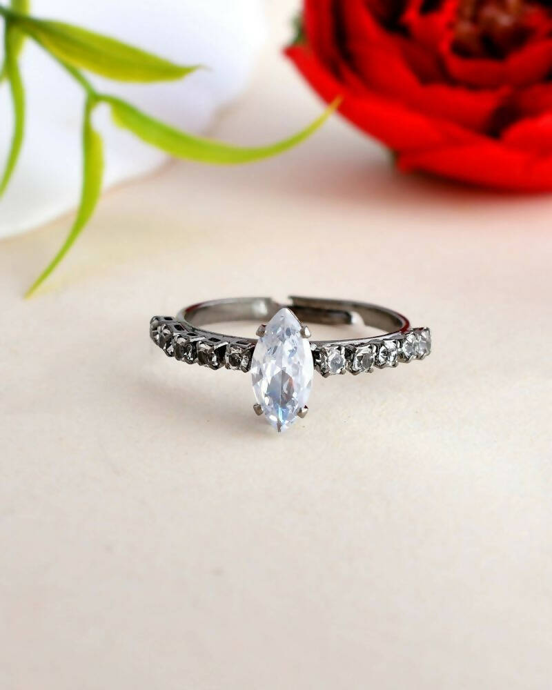 VOJ white CZ-detail Stainless Steel Cubic Zirconia Rhodium Plated Adjustable Finger Ring | Swadesiicart