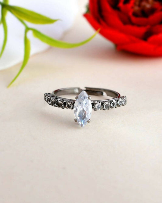 VOJ white CZ-detail Stainless Steel Cubic Zirconia Rhodium Plated Adjustable Finger Ring | Swadesiicart