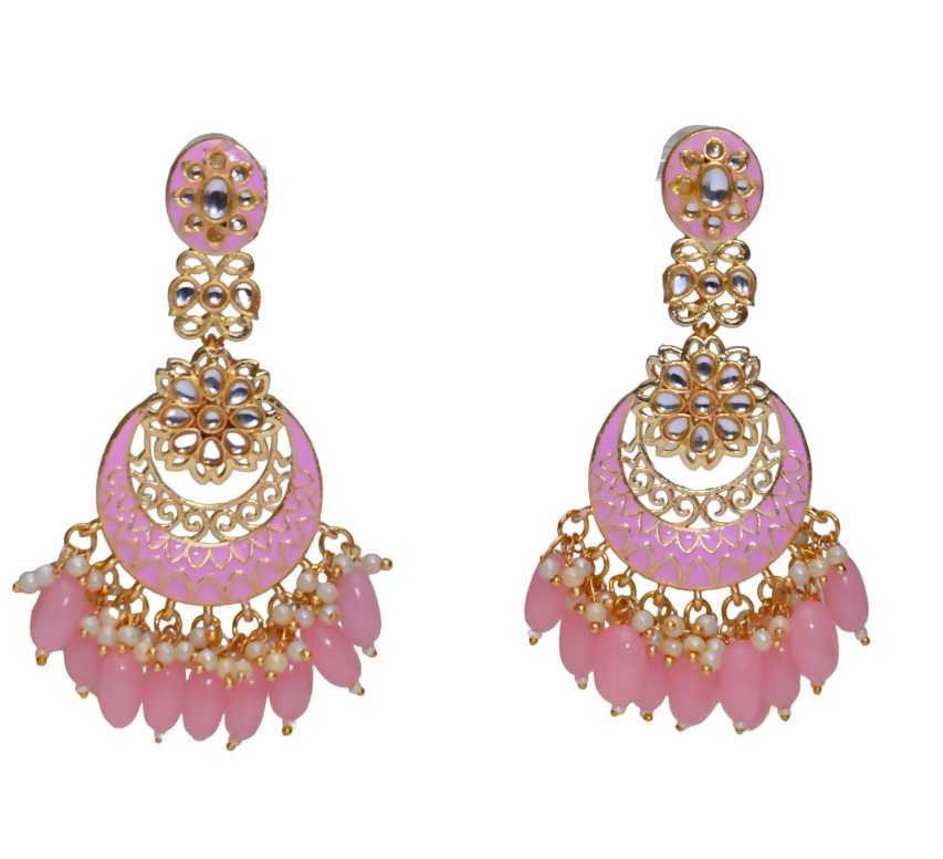 Gold-Polished Kundan & Pearl Dangle Women Pink Meenakari Chandbali Earrings By House of Ree - Swadesiicart