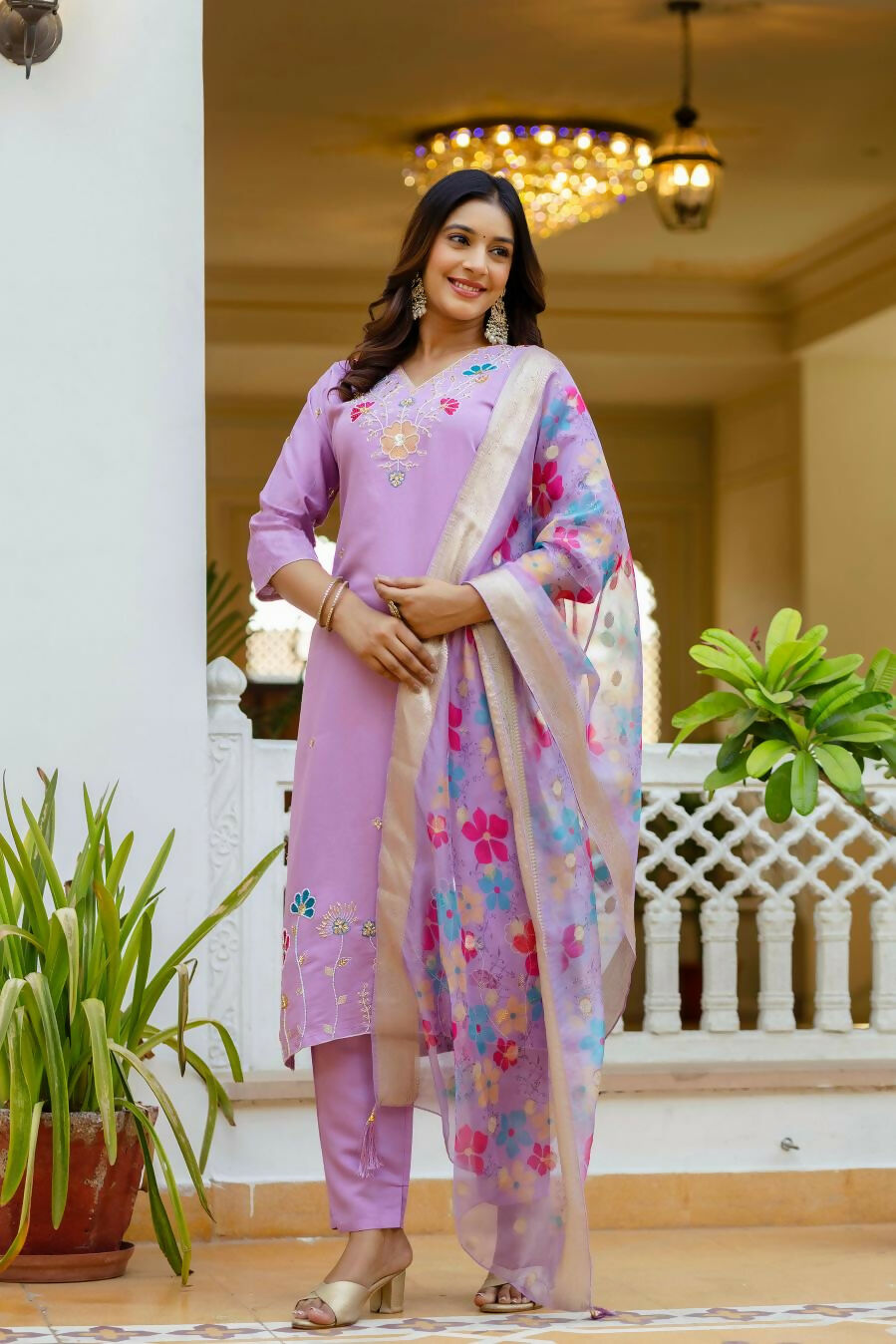 The52 Lavender Women's Gorgeous Embroidered work Viscose Gadhwal Fabric Straight Kurta, Pant and Dupatta Set - Swadesiicart