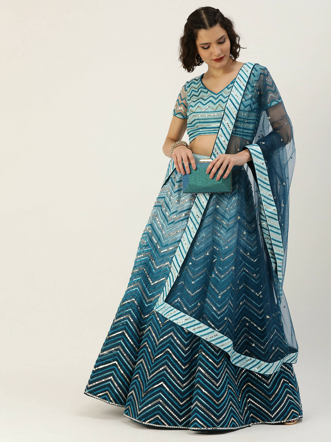 House of Panchhi Women Teal shading Net Mirror Embroidered Lehenga & Blouse with Dupatta | Swadesiicart