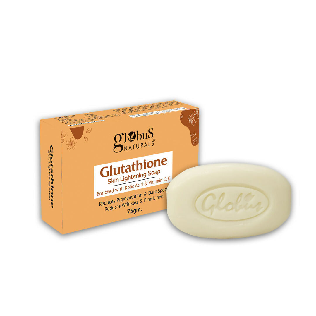 Globus Naturals Glutathione Skin Lightening Soap Enriched with Kojic Acid & Vitamin C, E, Reduces Dark Spots, Wrinkles & Fine Lines | Swadesiicart