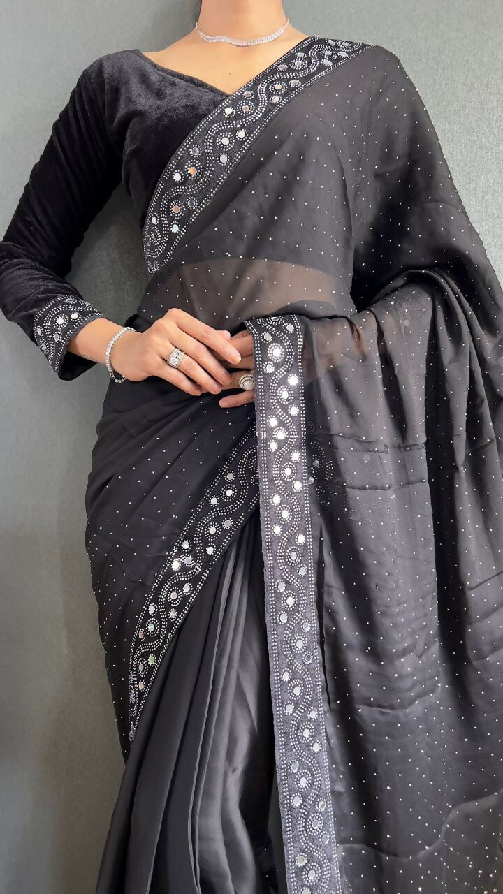 Vastranavya Black Rangoli Silk Real Mirror work with Swarovski work Ready to Wear Saree | Swadesiicart