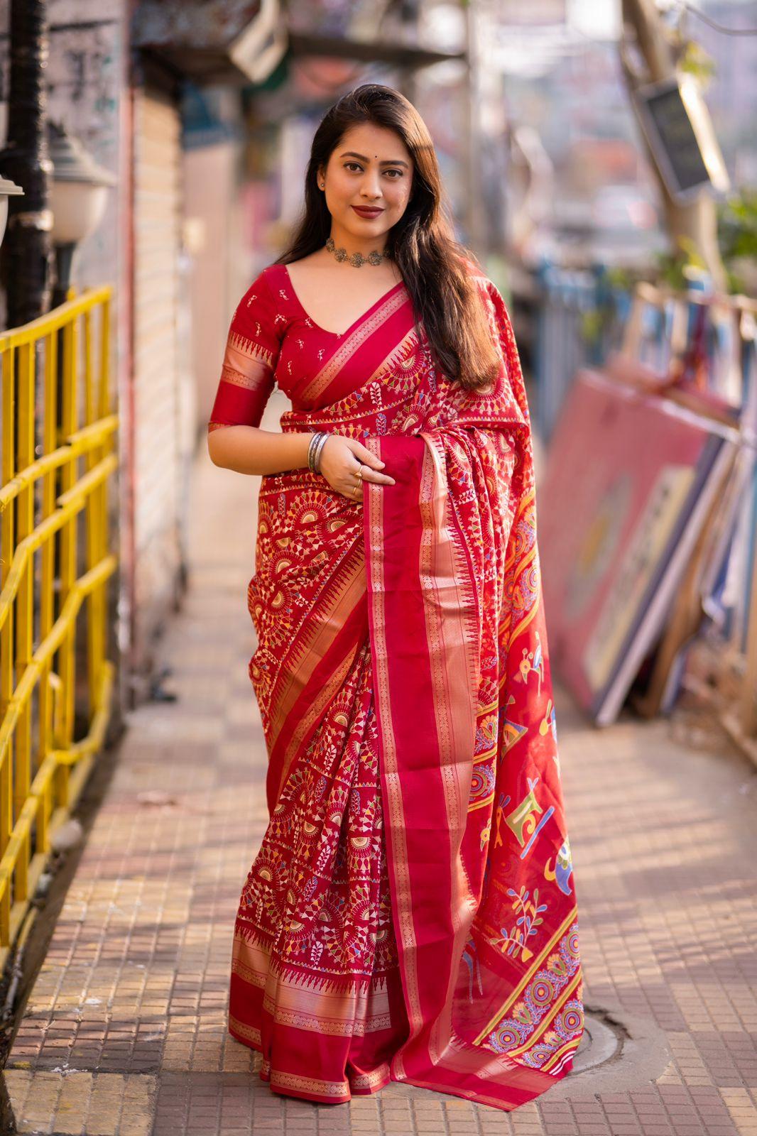 Red Cotton Crepe Zari Woven Saree with Unstitched Blouse - Hiral Fashion | Swadesiicart