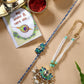 NVR Women & Men Set of 2 Turquoise Blue Lotus Shape Kundan-Studded & Beaded Rakhi Set With Roli Chawal & Chocolate | Swadesiicart